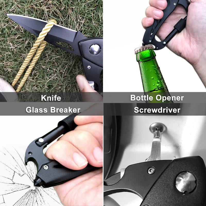 EDC Folding Pocket Knife with Multitool Carabiner – Survival Carabiner Featuring Bottle Opener, Window Breaker & Screwdriver, Compact Gear for Camping, Hiking & Everyday Carry